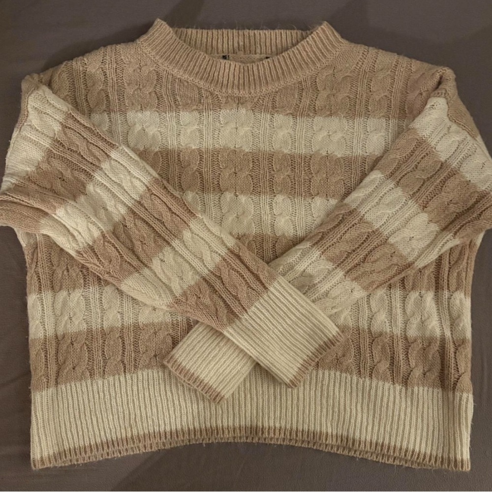 Women's Striped Cable Knit Sweater - Beige and Cream